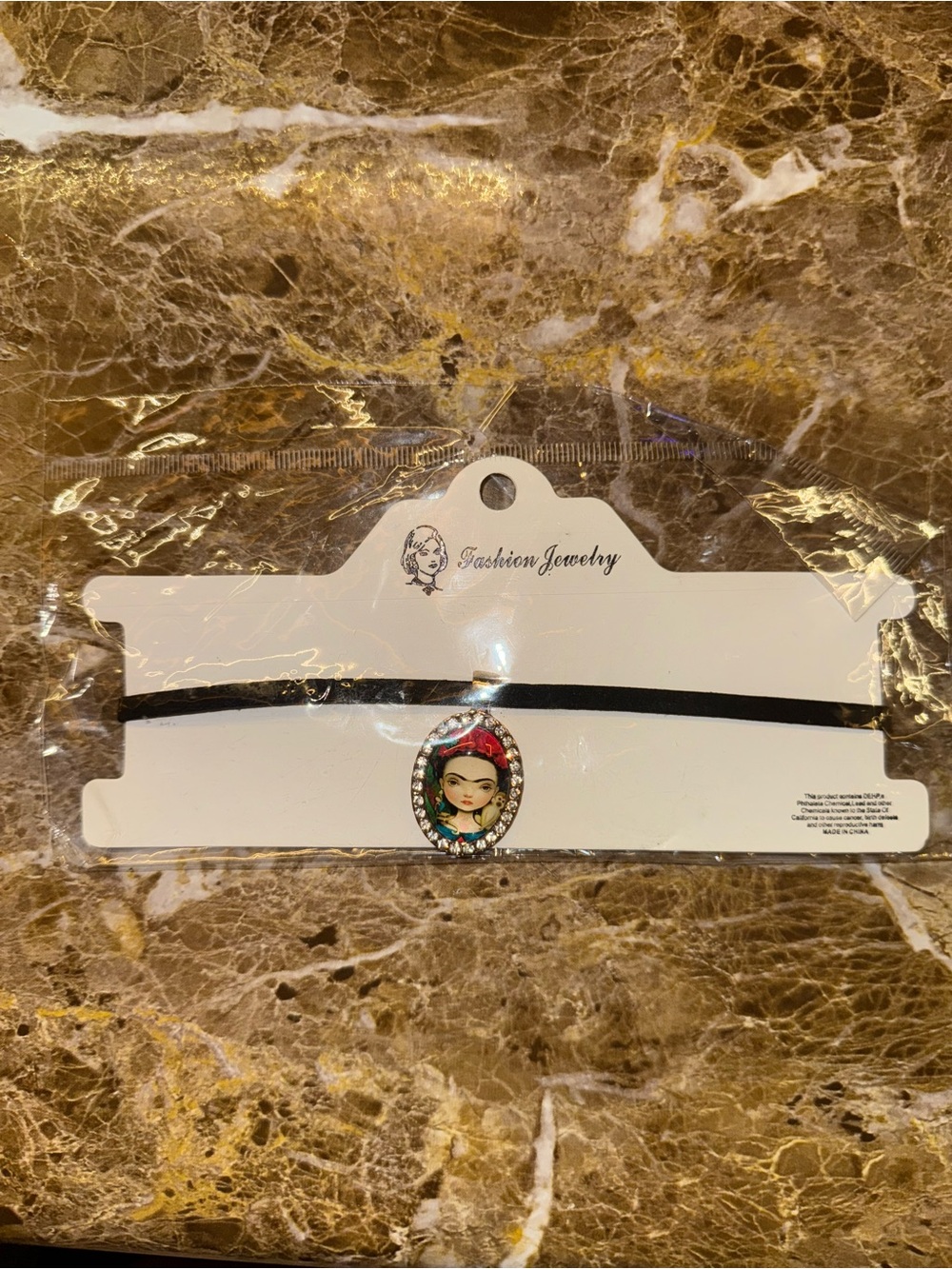 Frida Kahlo Portrait Rhinestoned Black Cord Choker Necklace